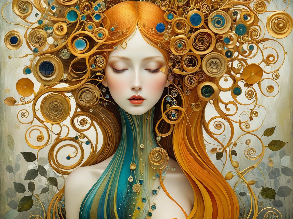 Serene figure with golden flowing hair and nature elements