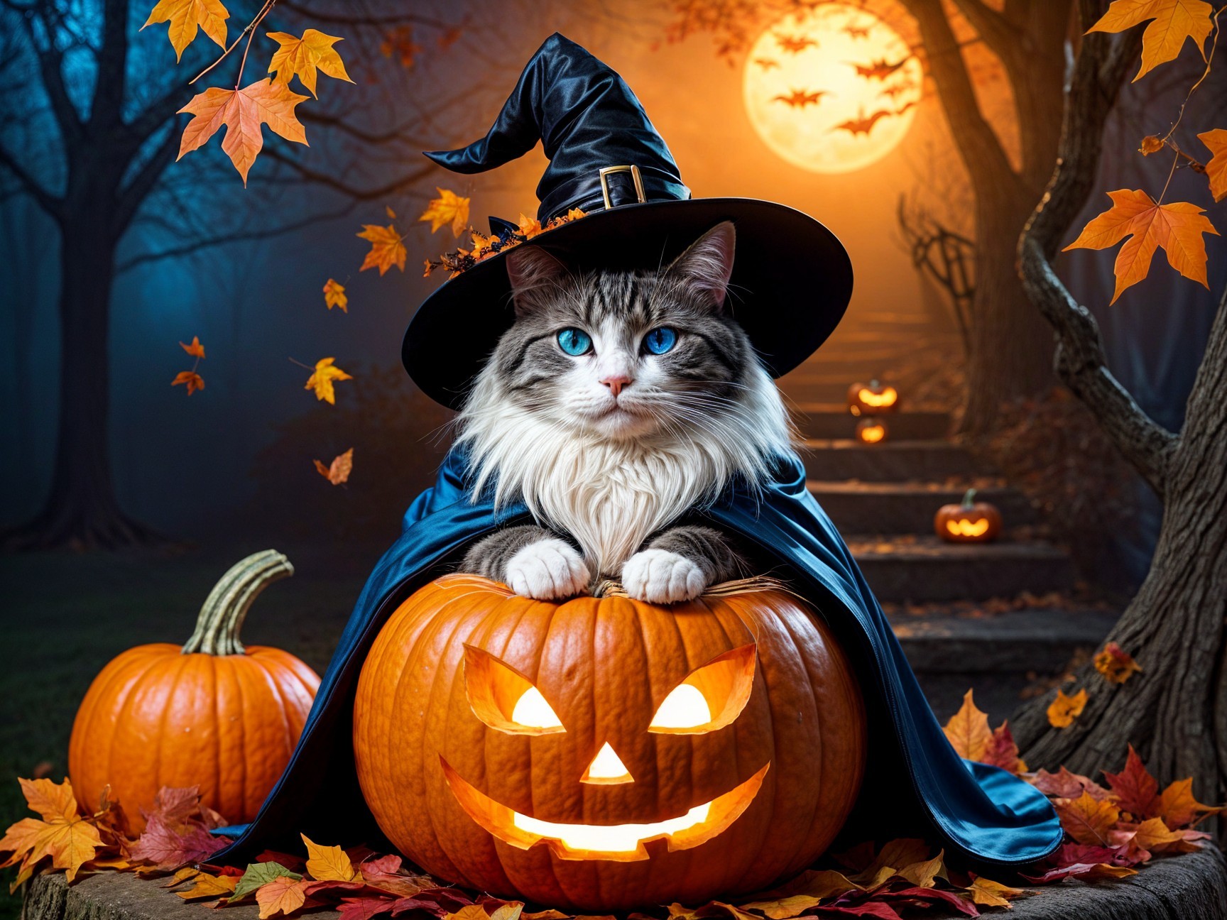 Cat in Witch Hat on Pumpkin with Autumn Leaves