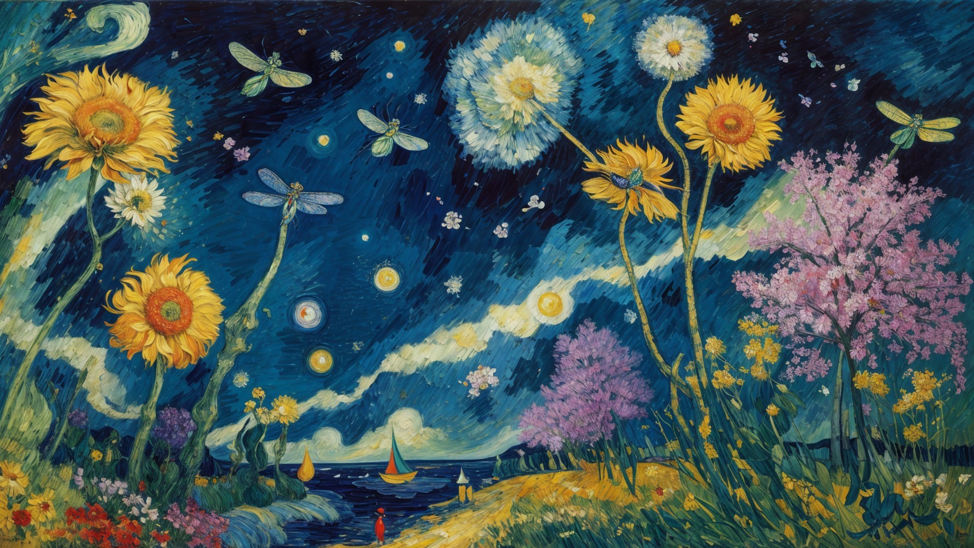 Vibrant Landscape with Sunflowers and Starry Sky