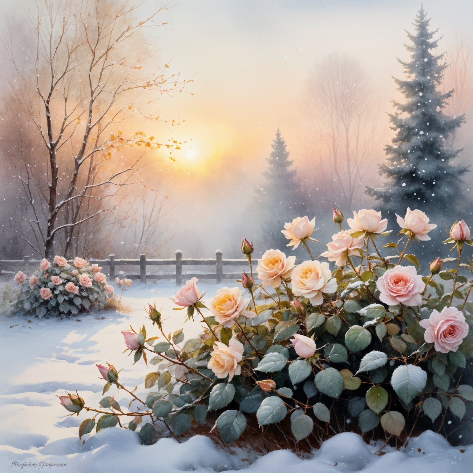 Serene Winter Landscape with Pink Roses and Snow