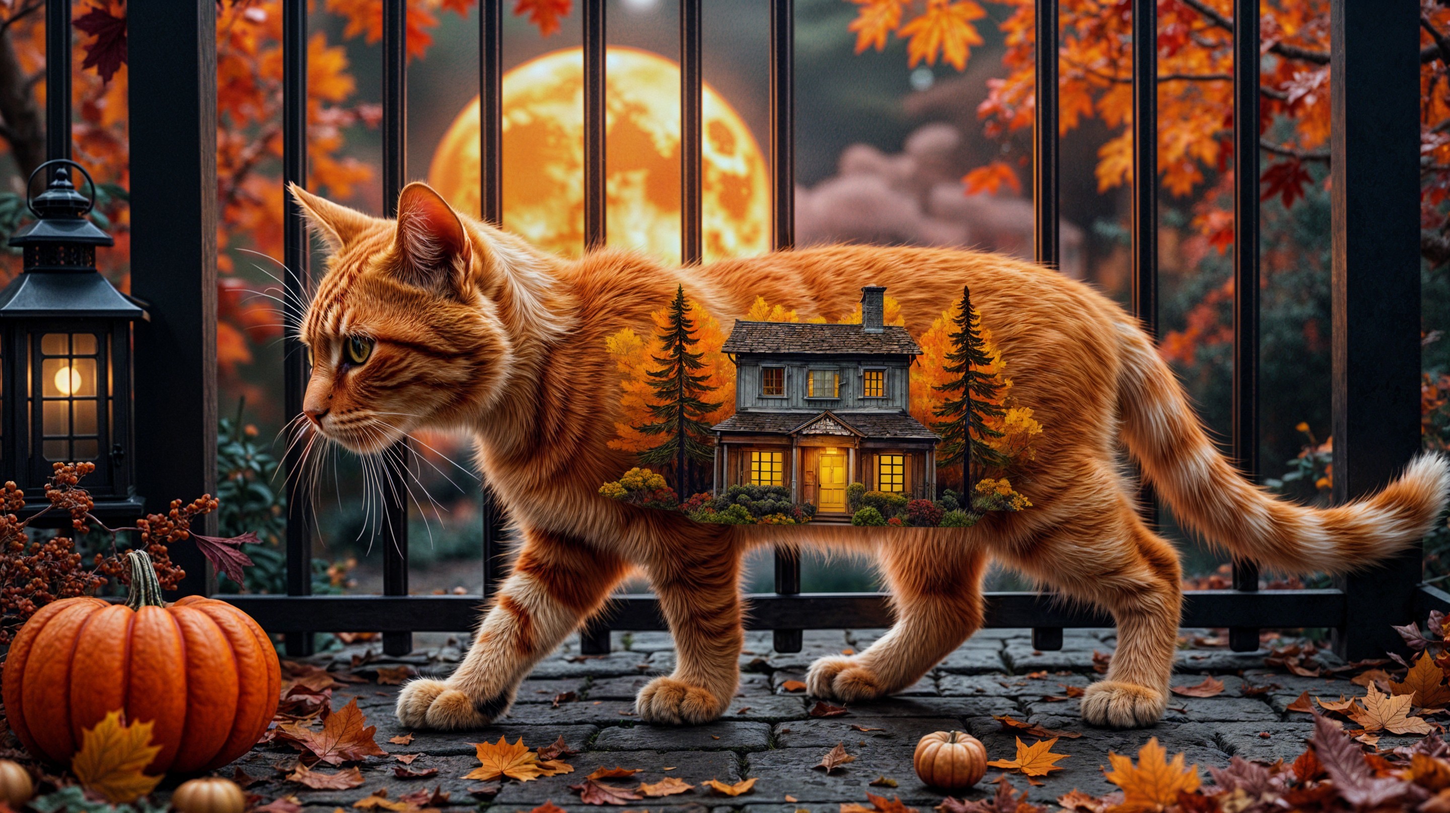 Autumn Scene with Cat, Moon, and Fall Foliage