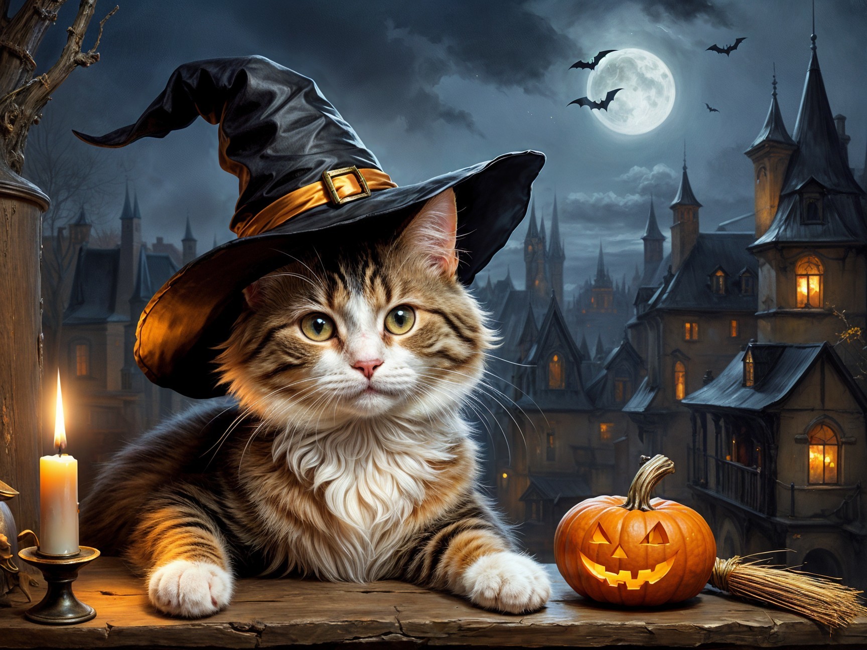 Fluffy Cat in Witch Hat Amidst Spooky Village Scene