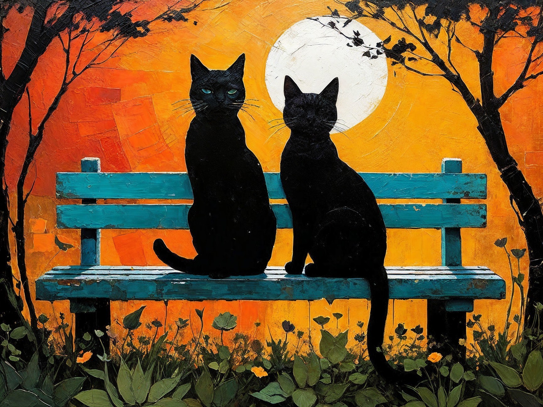Black Cats on Turquoise Bench at Sunset Scene