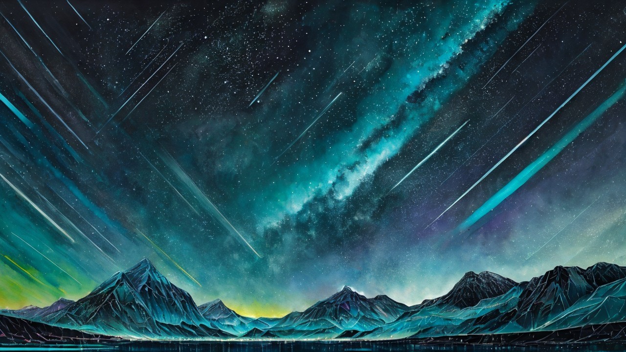 Night Sky with Shooting Stars and Milky Way Over Mountains