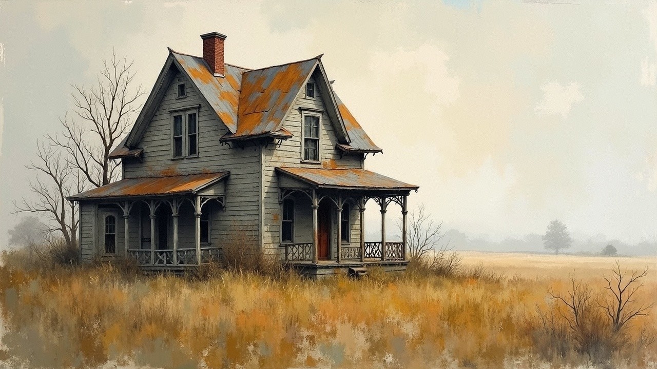 Weathered Victorian House in Abandoned Field