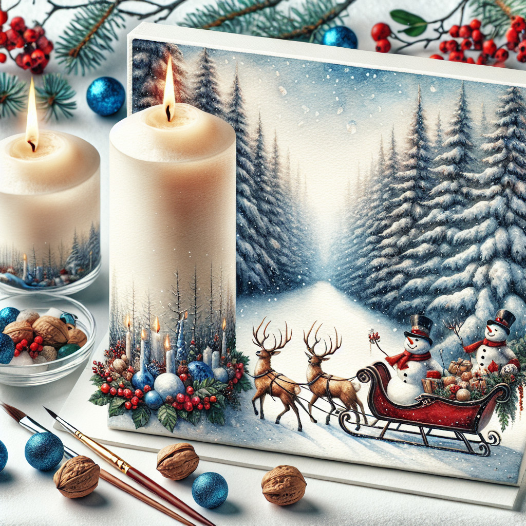 Winter-Themed Still Life with Christmas Card and Candles