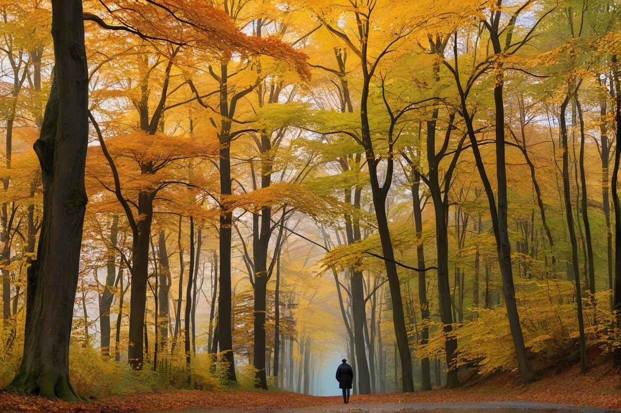 Lone Figure on Winding Path in Autumn Forest