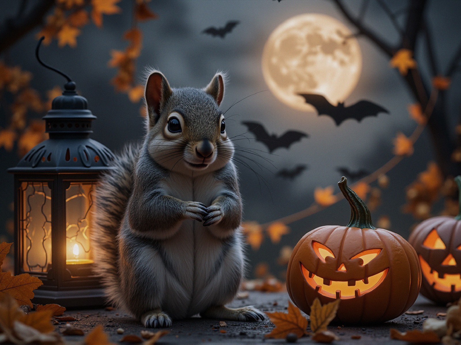 Squirrel in Halloween Scene with Lantern and Bats