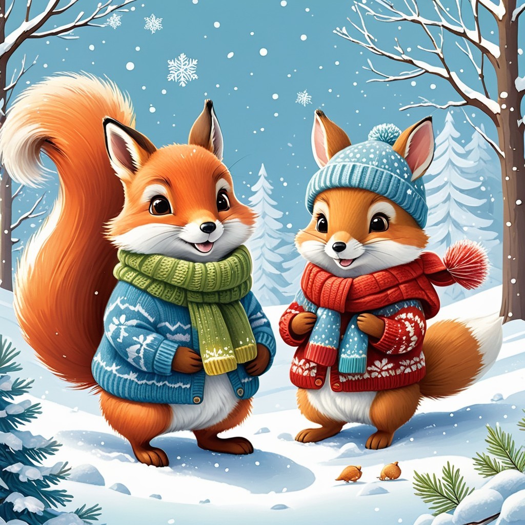 Winter Scene with Foxes in Sweaters in Snowy Forest