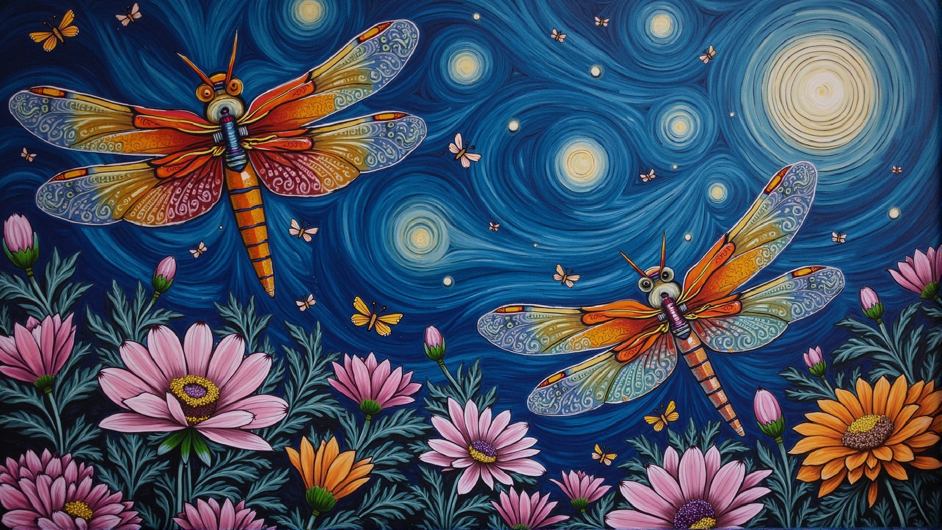 Vibrant Dragonflies Over Pink Daisies and Starry Sky