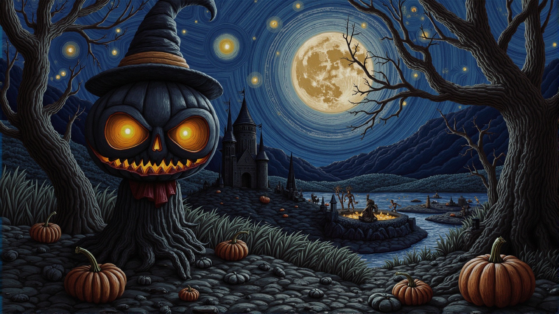 Sinister Halloween Scene with Jack-o'-Lantern and Castle