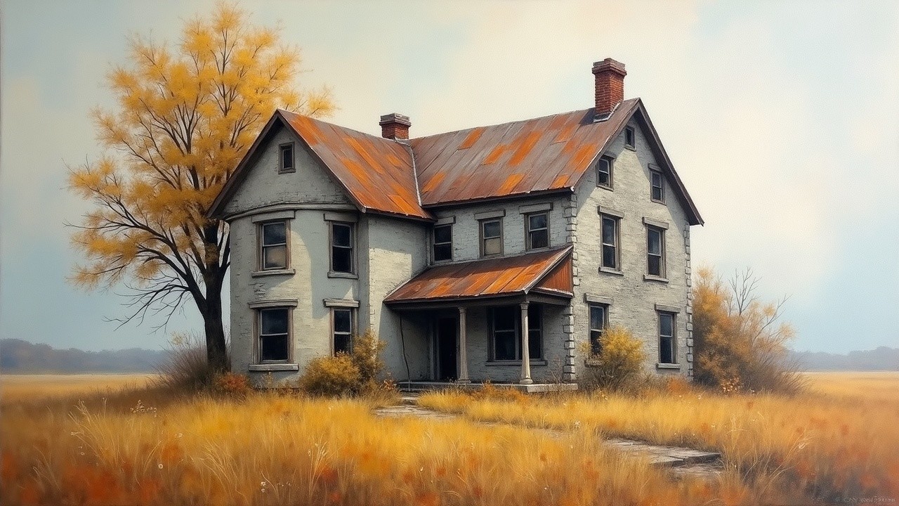 Abandoned House with Weathered Facade and Rusted Roof