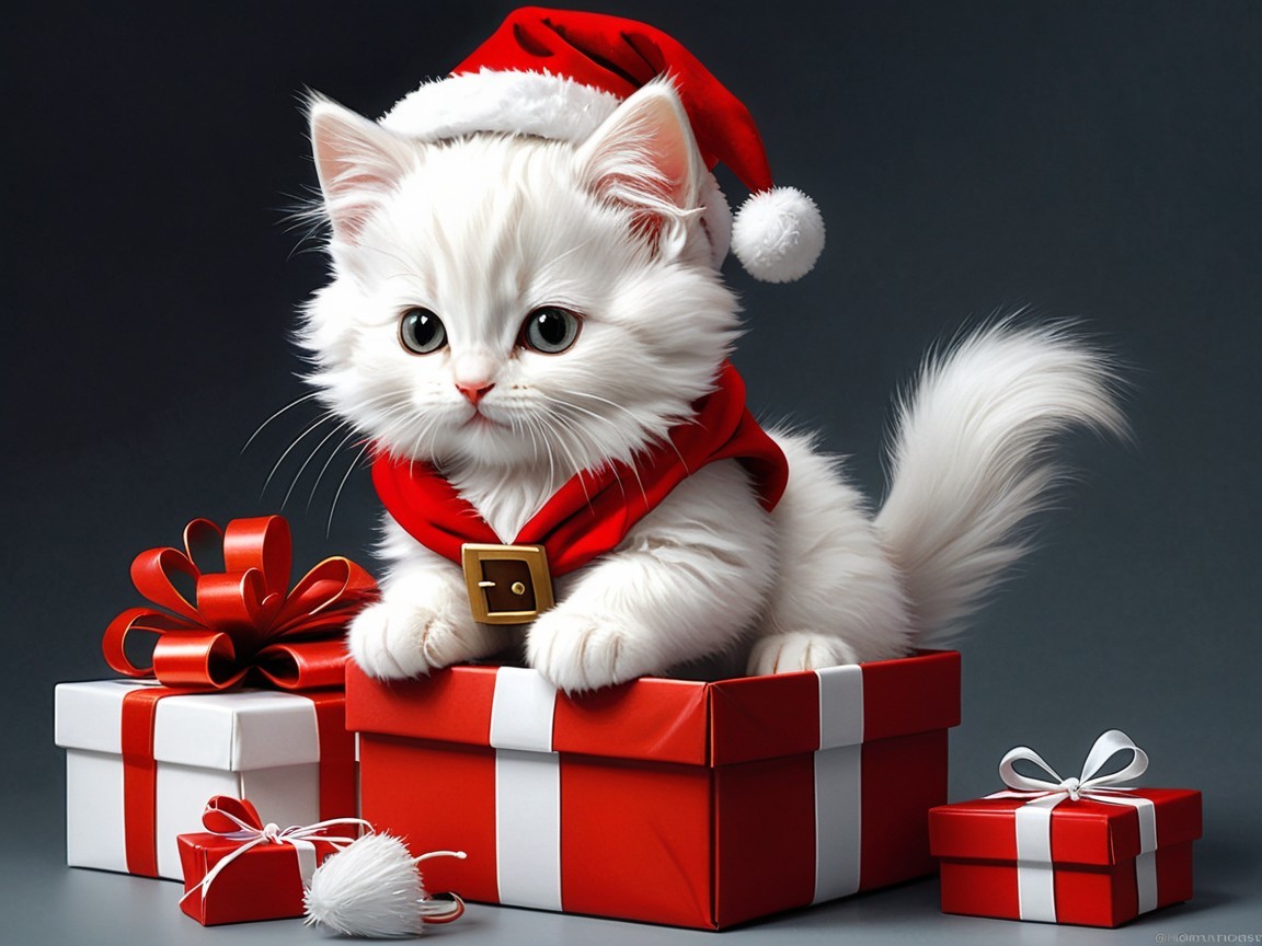 Fluffy White Kitten in Santa Hat with Gift Boxes