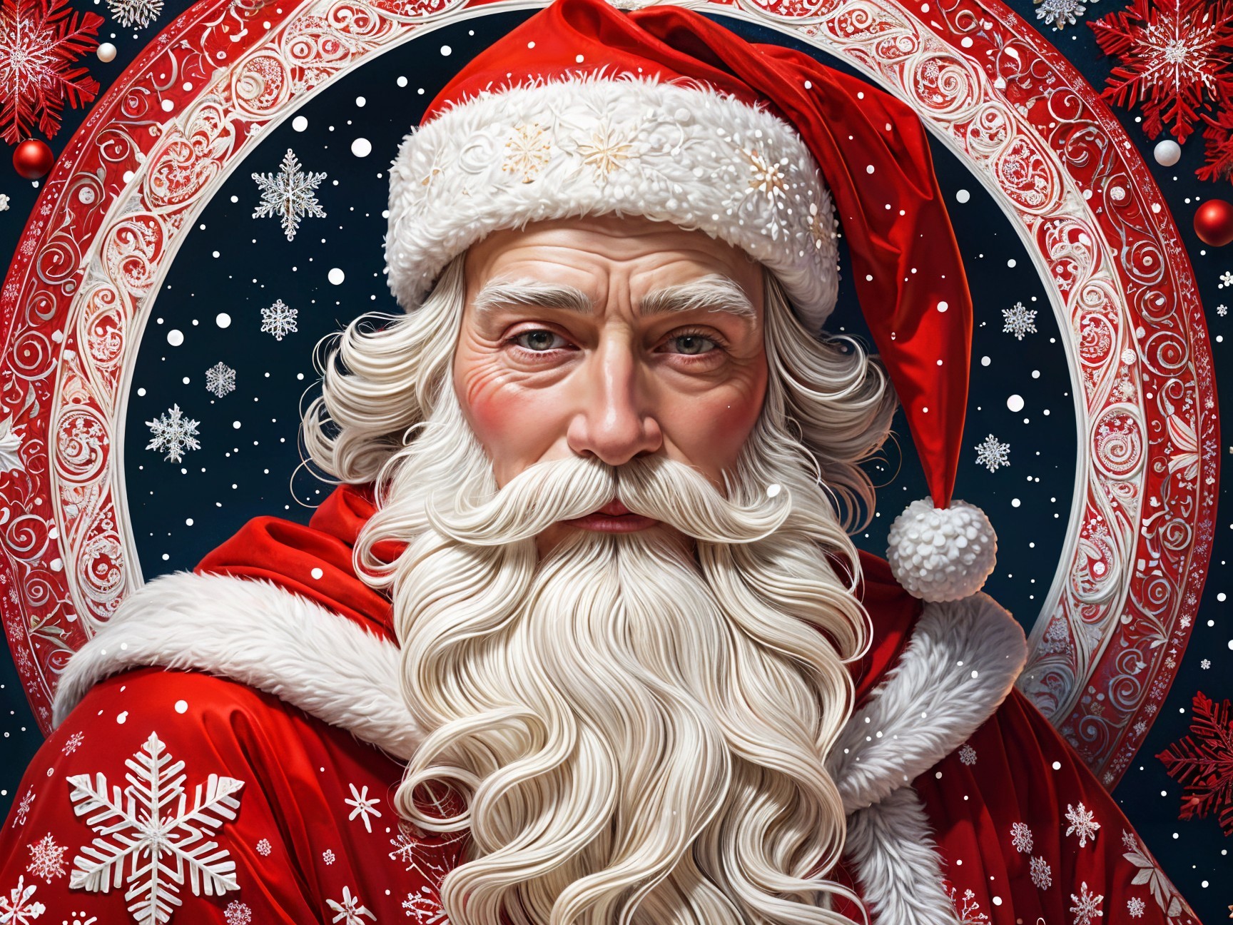 Classic Santa Claus in Red Suit with Festive Background