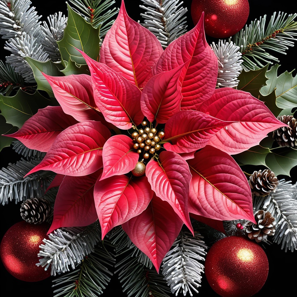 Close-up of a festive red poinsettia arrangement