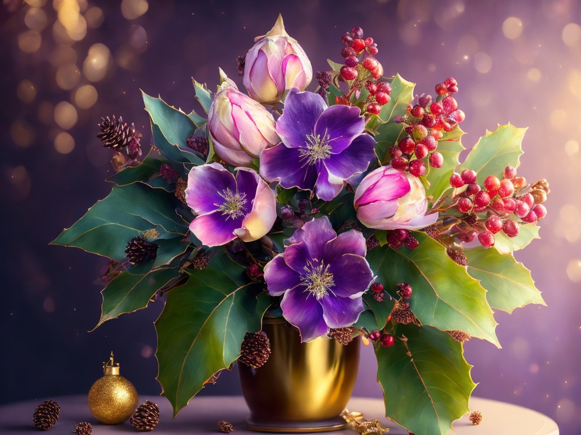Vibrant Purple Flowers and Pink Tulips in Gold Pot