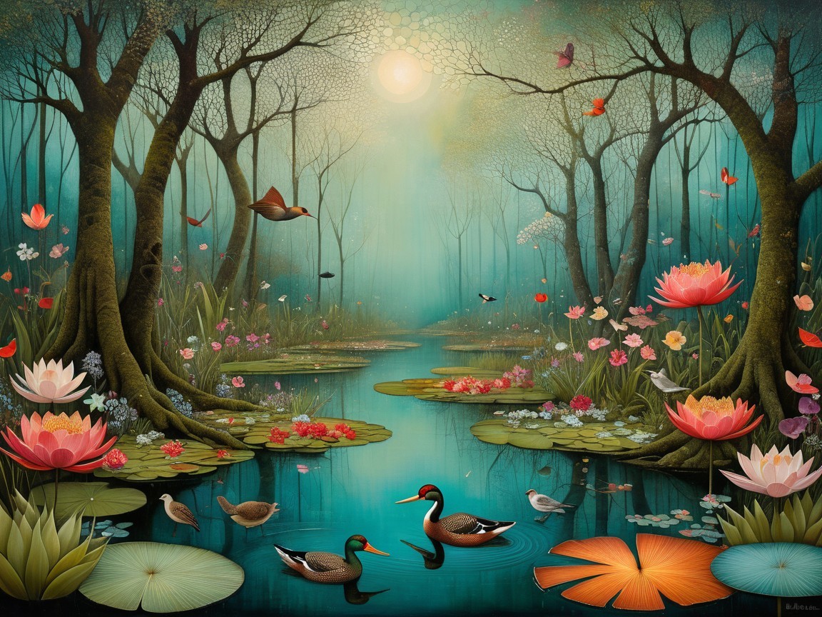 Enchanting Forest Scene with Tranquil Pond and Wildlife