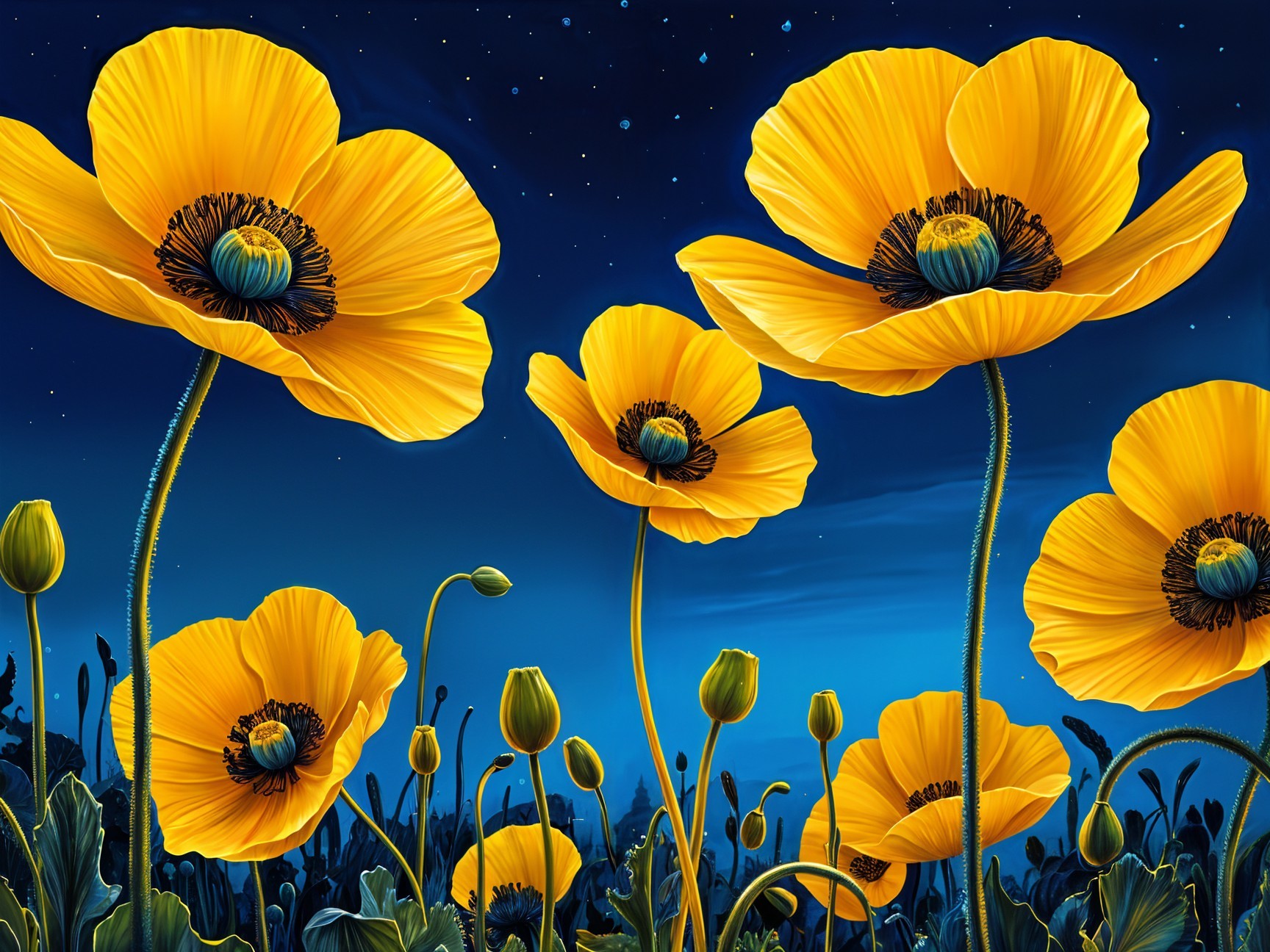 Golden-yellow Flowers Against a Blue Night Sky