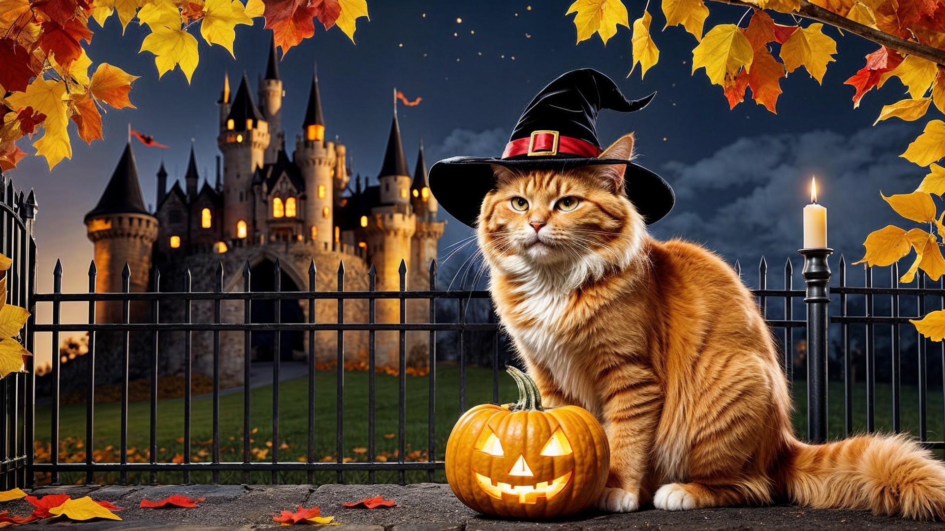 Fluffy Orange Cat in Witch Hat by Carved Pumpkin