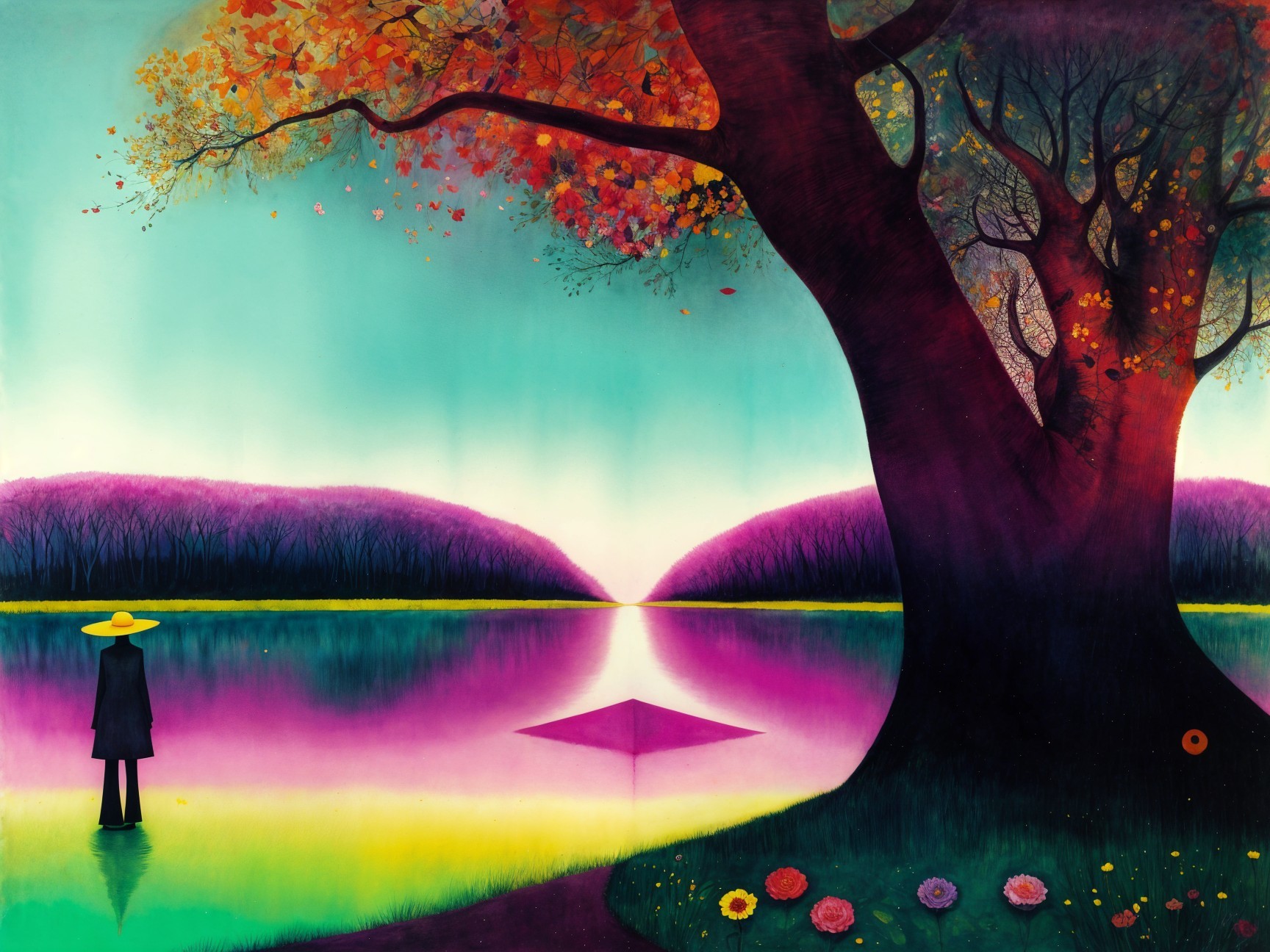 Serene Landscape with Colorful Tree and Calm Lake