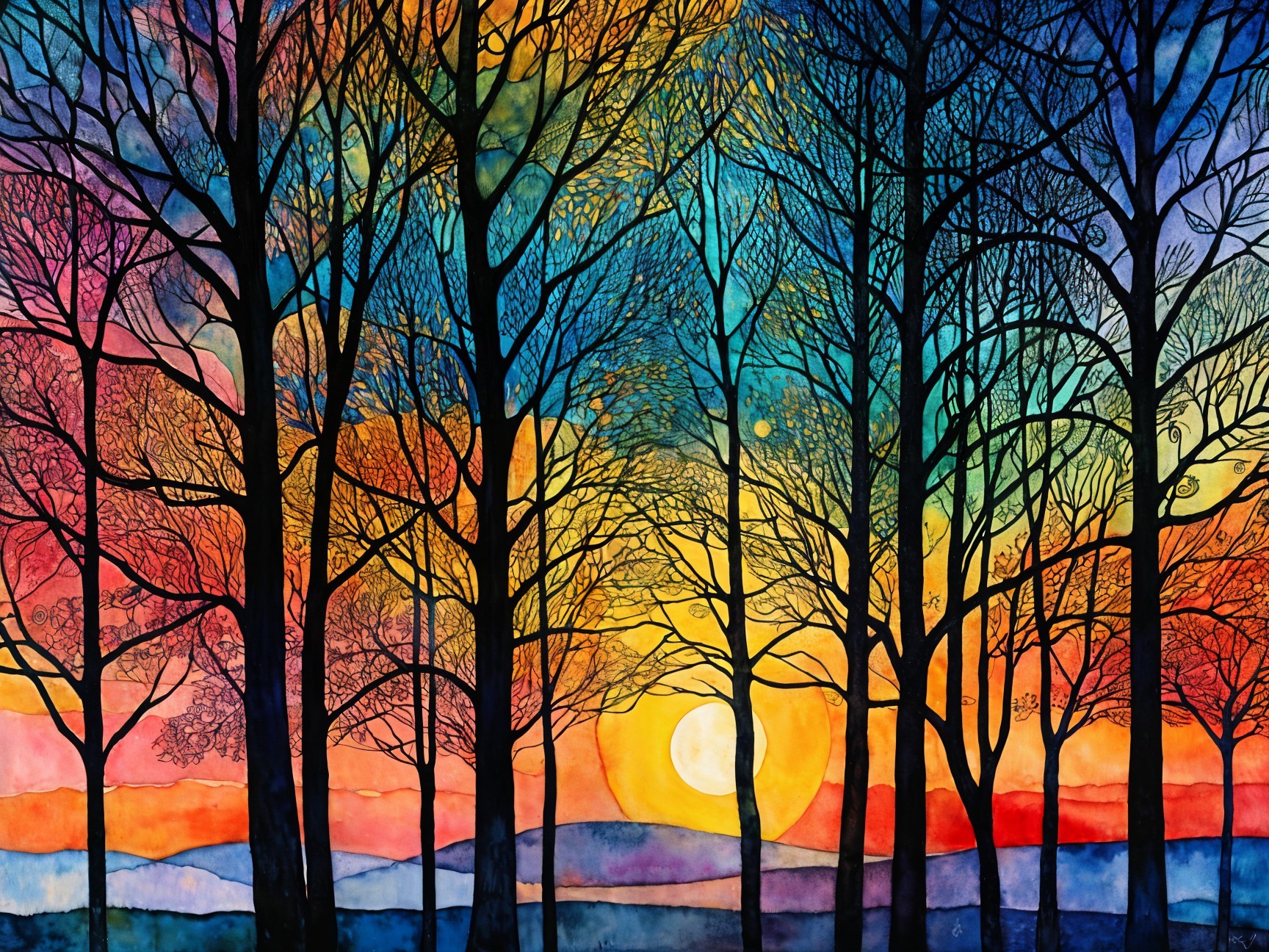 Vibrant Sunset with Silhouetted Trees and Hills