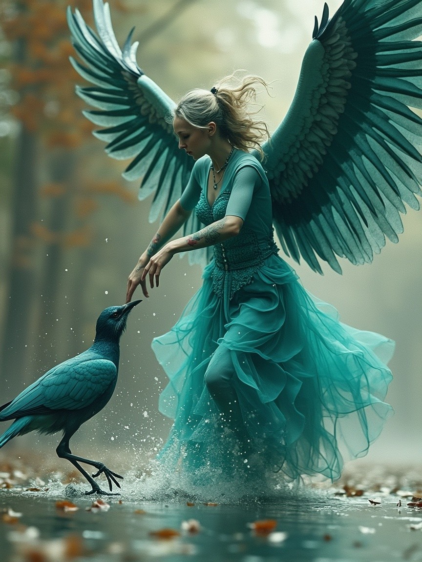 Mystical Forest Scene with Woman and Teal Wings