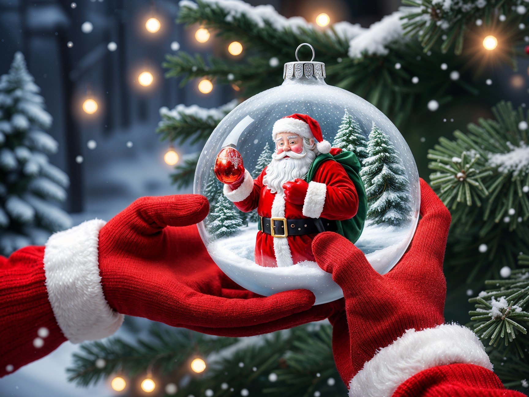 Red-Gloved Hands Holding Festive Santa Snow Globe