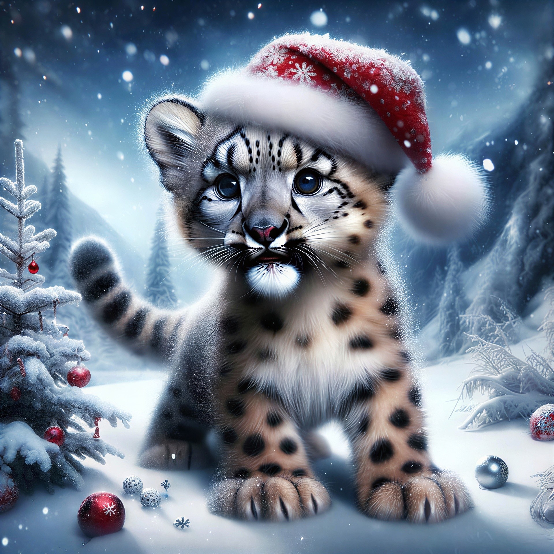 Baby snow leopard in Santa hat in snowy forest scene