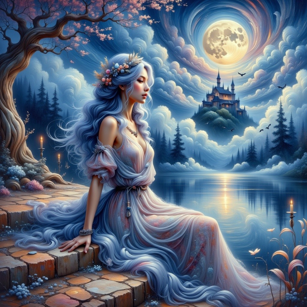 Dreamlike Landscape with Woman by Tranquil Lake