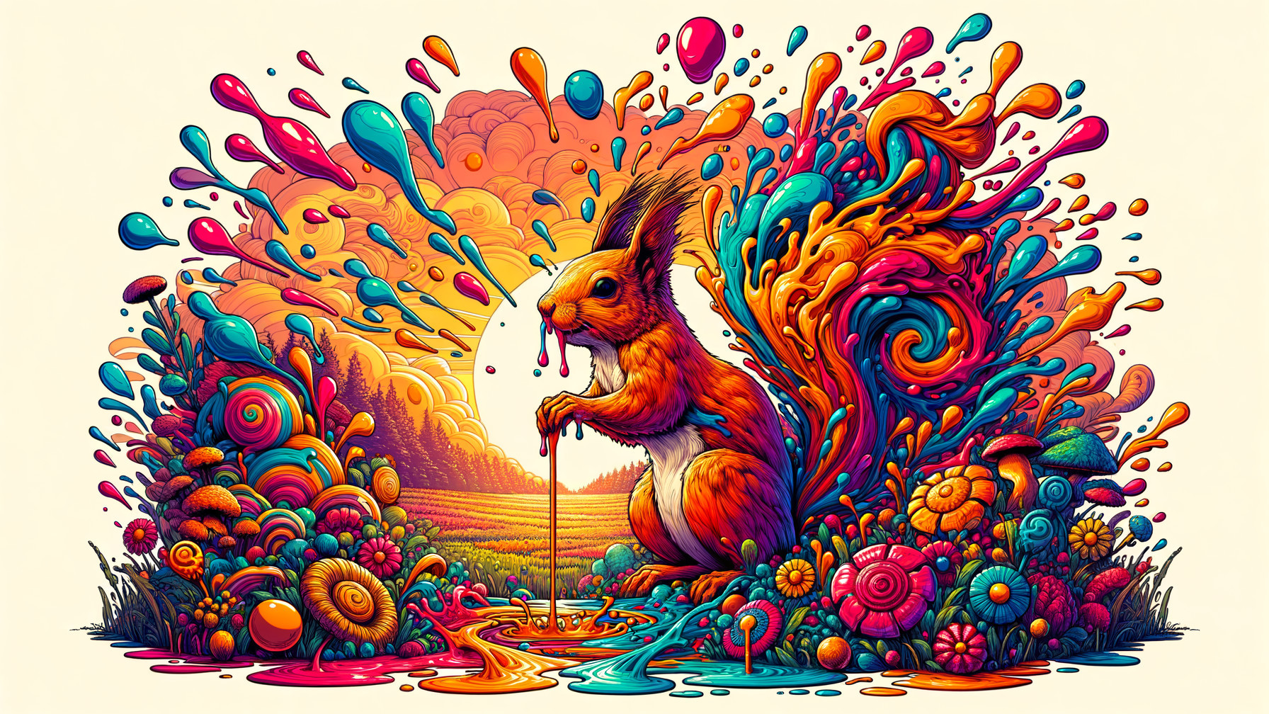 Whimsical Illustration of a Squirrel in a Colorful Scene