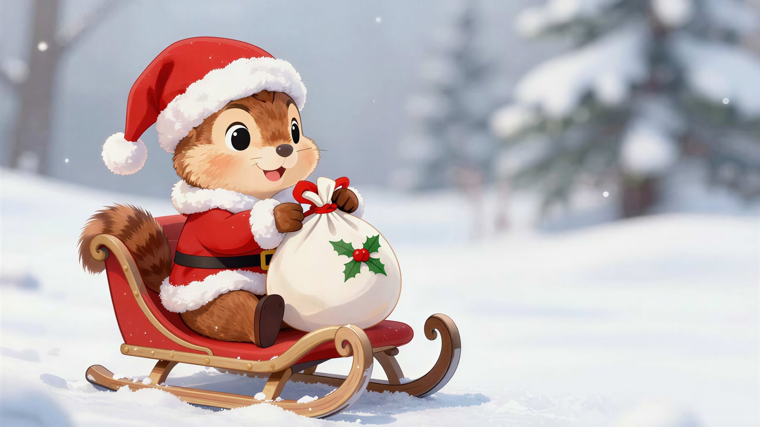Anthropomorphic Chipmunk in Santa Suit on Sled