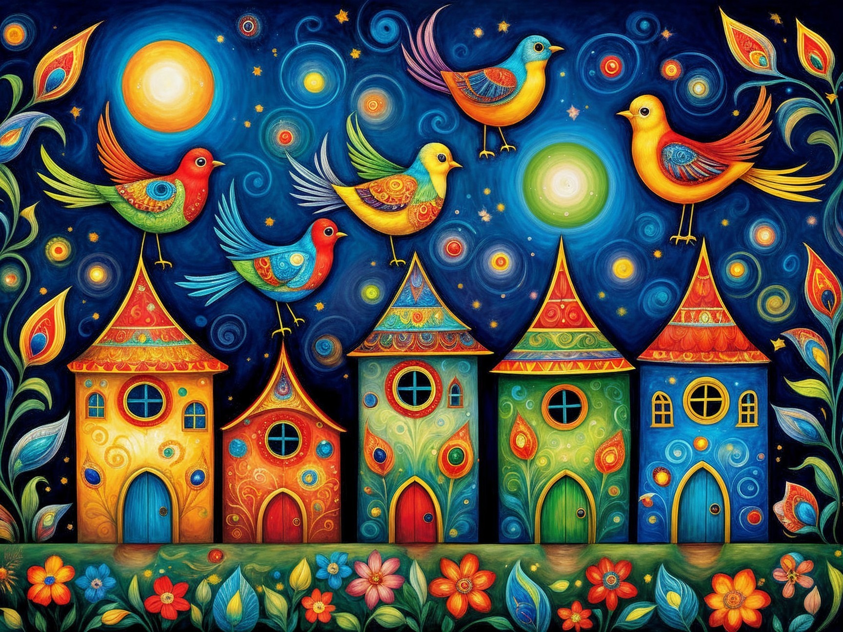 Colorful Birds and Whimsical Houses Under Starry Sky
