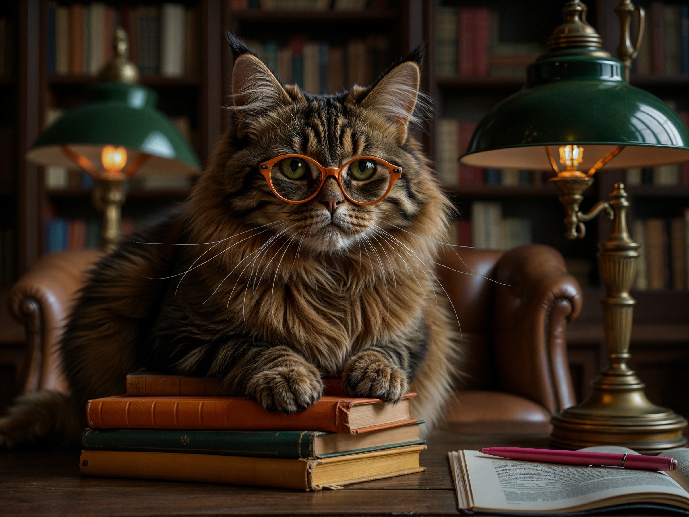Maine Coon Cat with Glasses in Cozy Library Setting