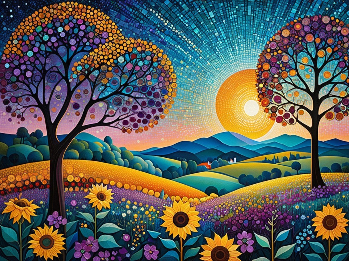 Vibrant Landscape with Colorful Trees and Sunrise