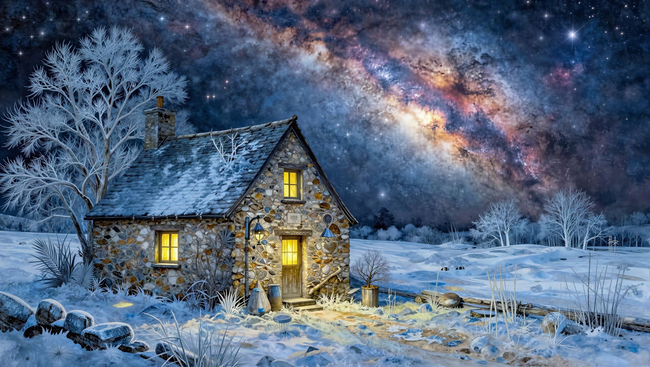 Stone Cottage in Snowy Landscape under Milky Way Sky