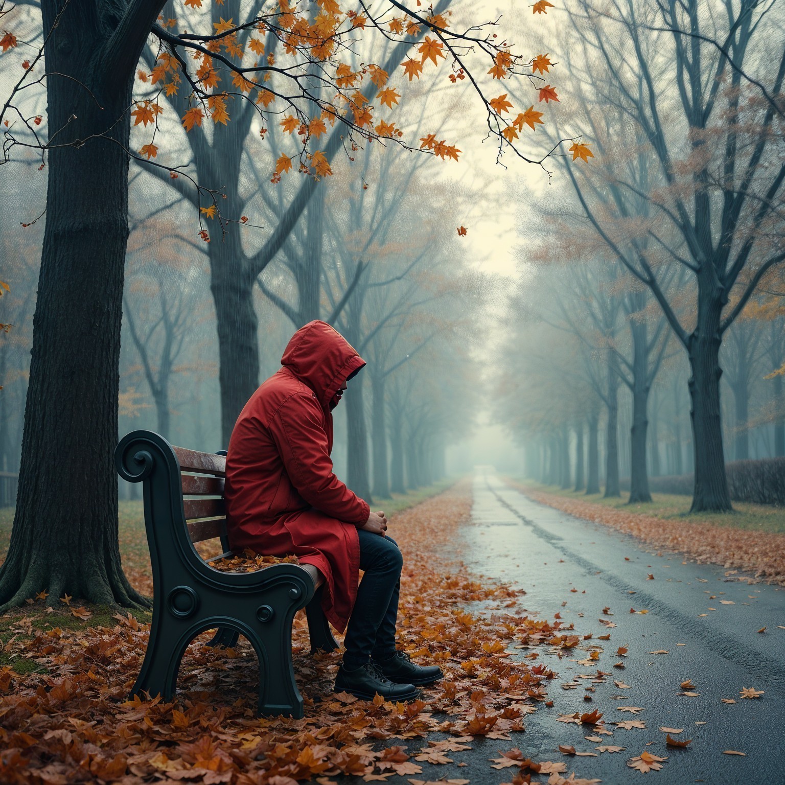 Solitary Figure in Red Coat on Misty Autumn Path