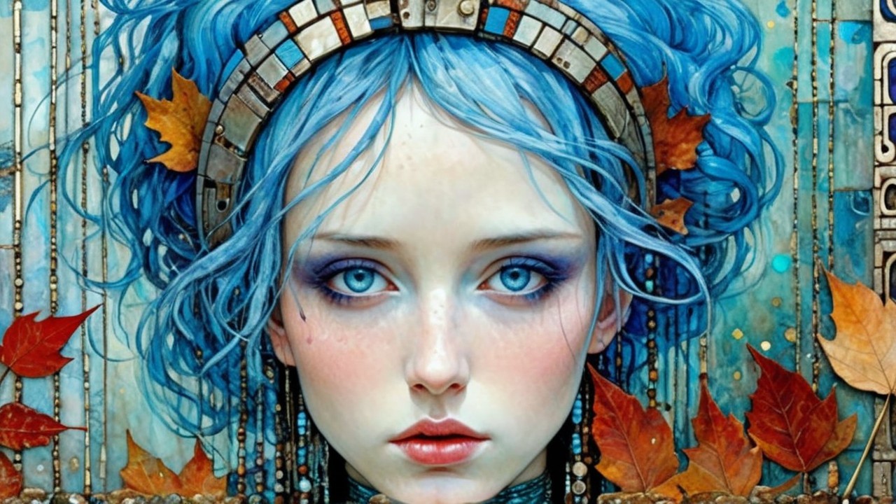 Young woman with blue hair and autumn leaves backdrop