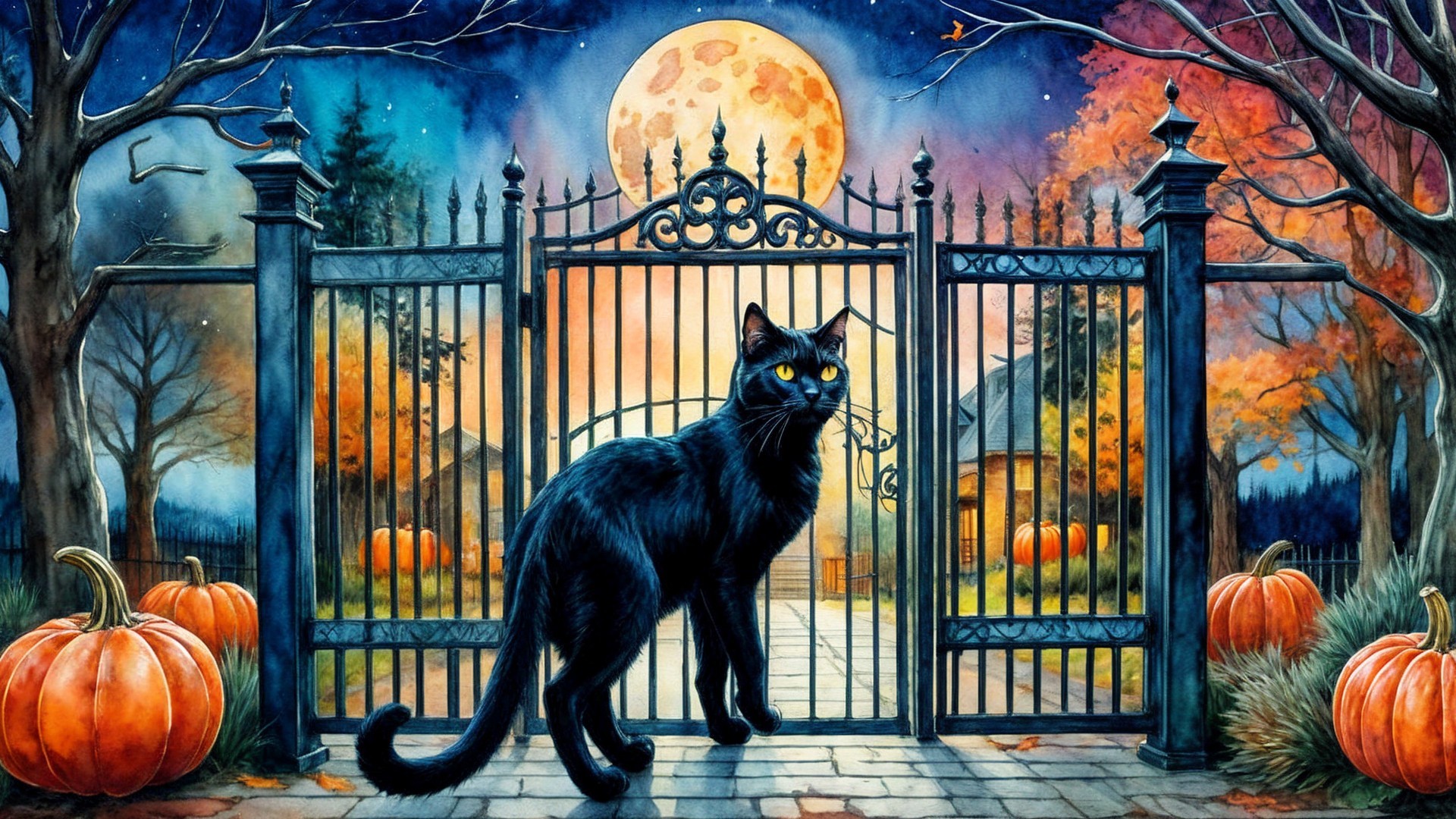 Twilight Scene with Black Cat and Full Moon
