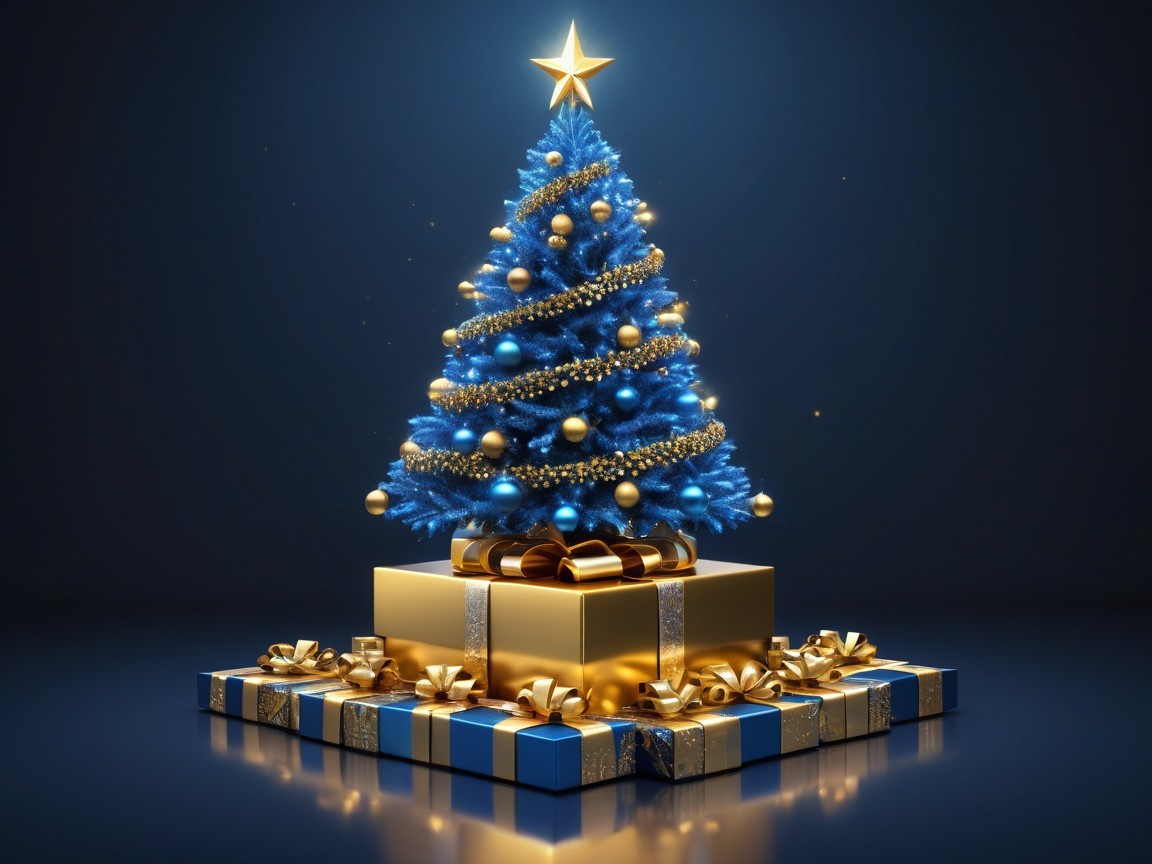Vibrant Blue Christmas Tree with Gold Ornaments and Gifts
