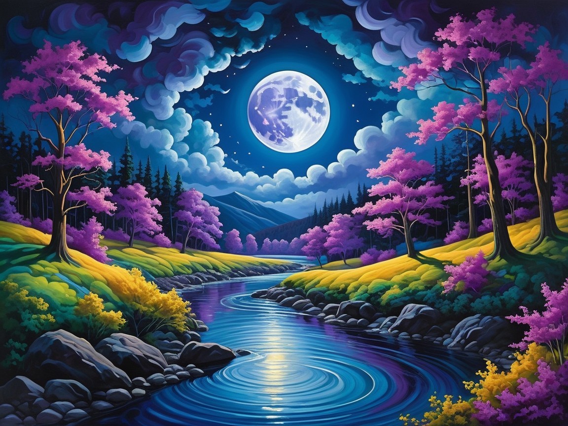 Vibrant Landscape with River and Full Moon Reflection