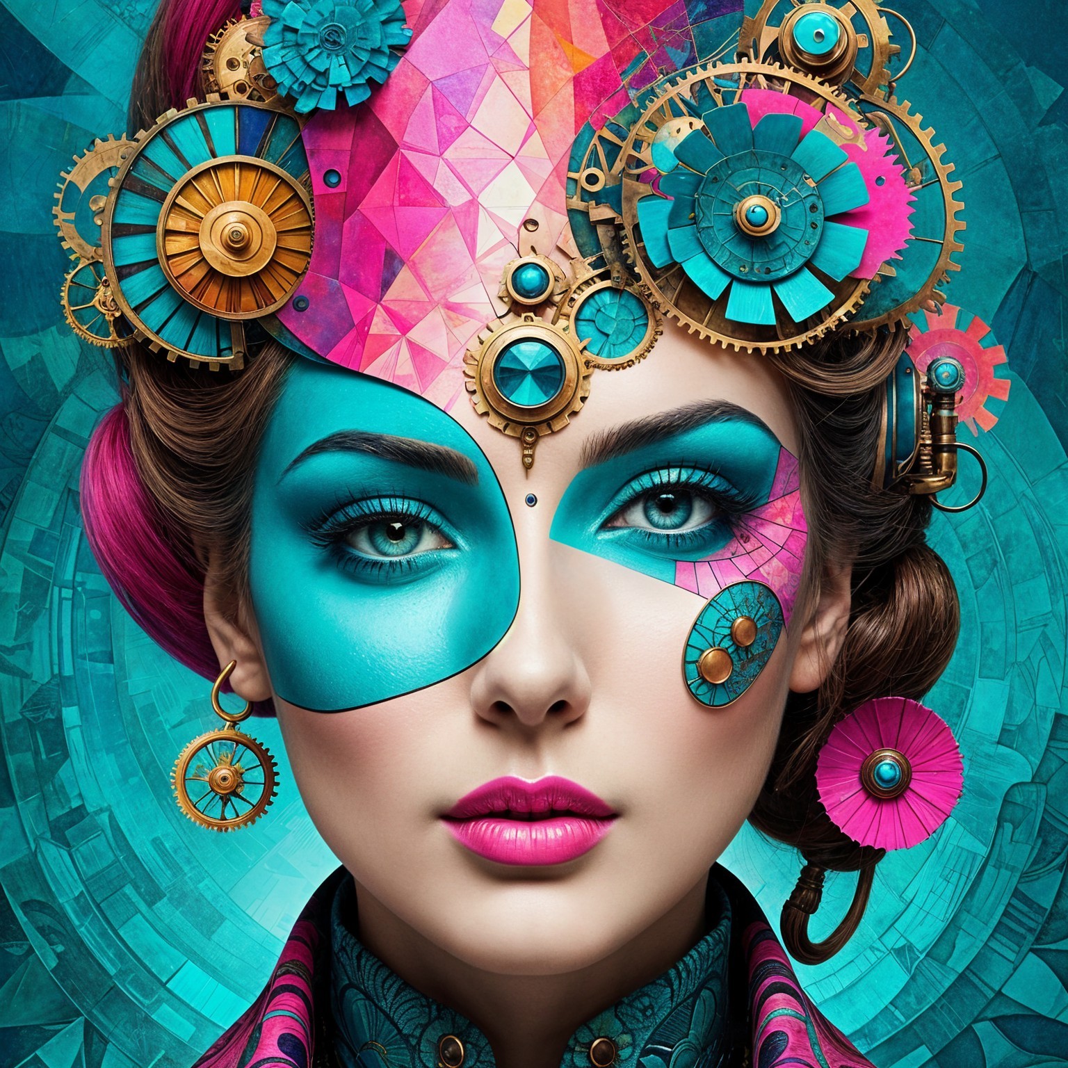 Portrait of a woman with turquoise and pink face paint