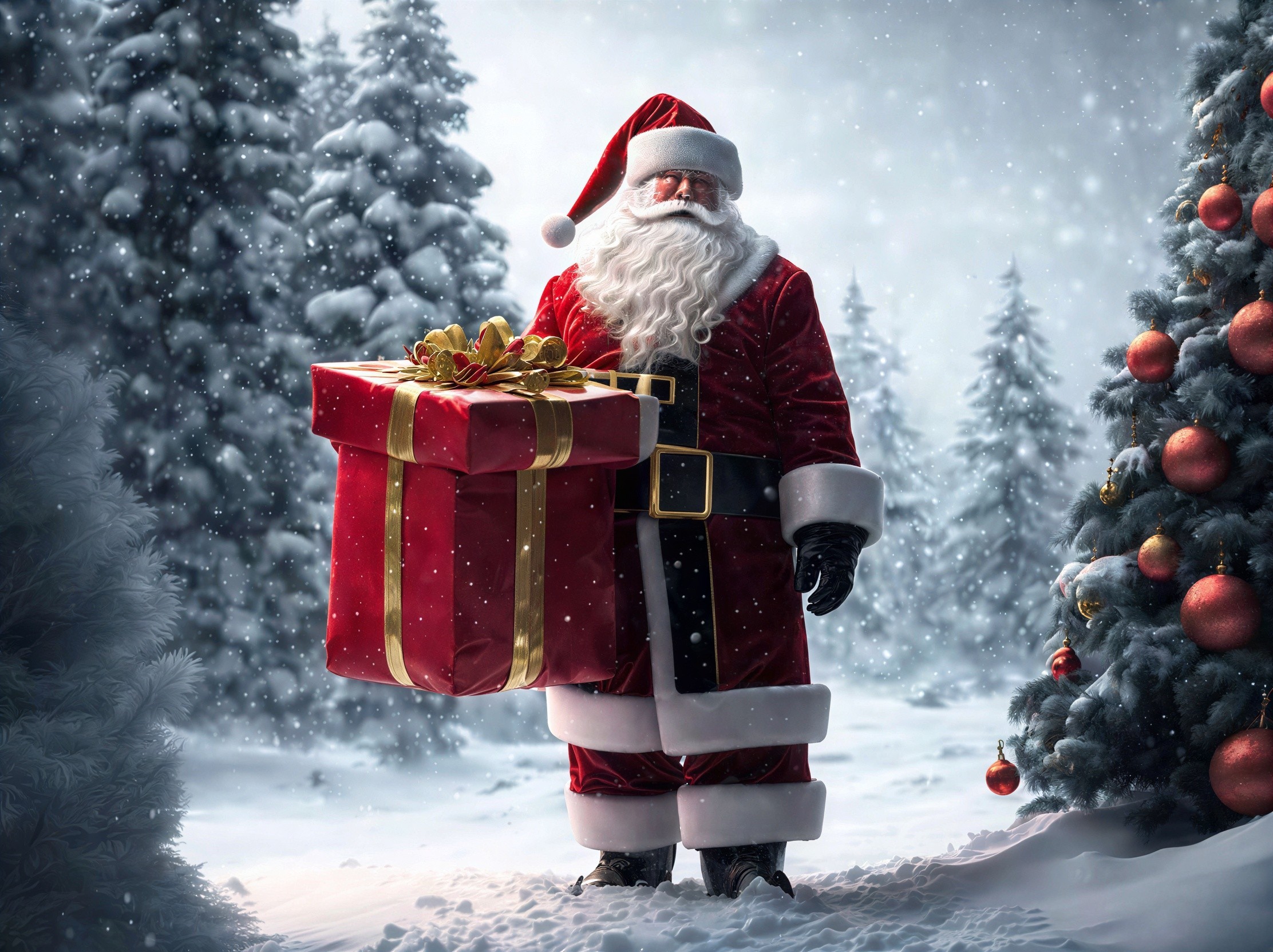 Santa Claus in snowy landscape with red gift box