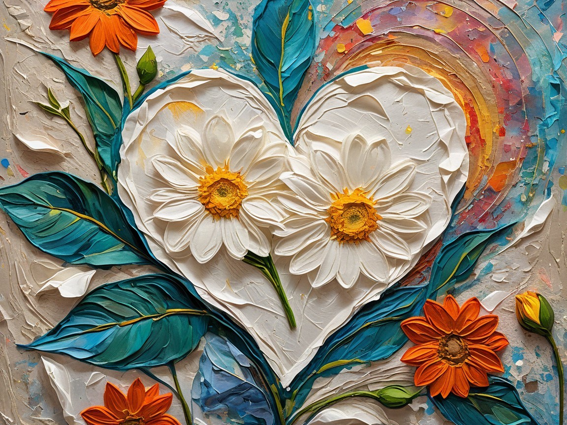 Textured Heart Artwork with Daisies and Colorful Background