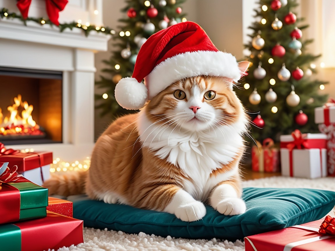 Fluffy Orange Cat in Festive Christmas Setting