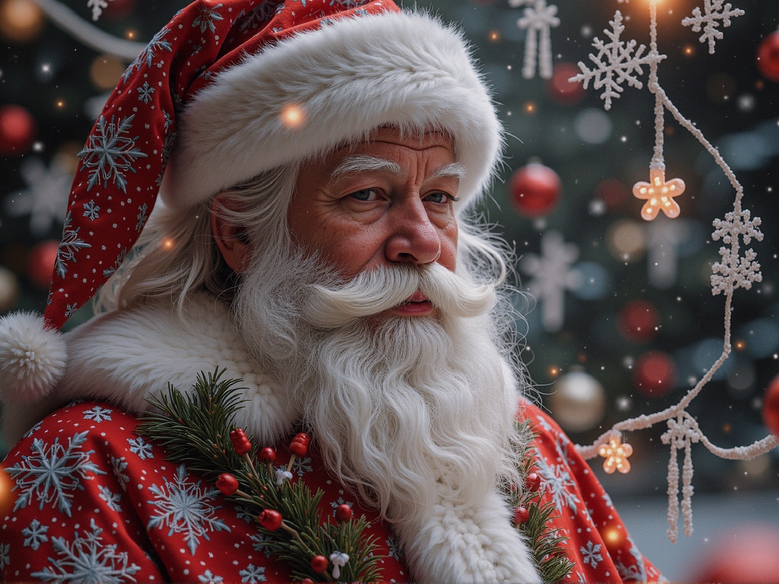 Elderly Man in Santa Hat Against Festive Backdrop