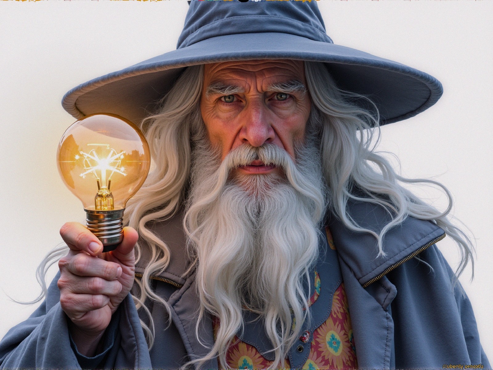Elderly wizard with glowing bulb and detailed attire