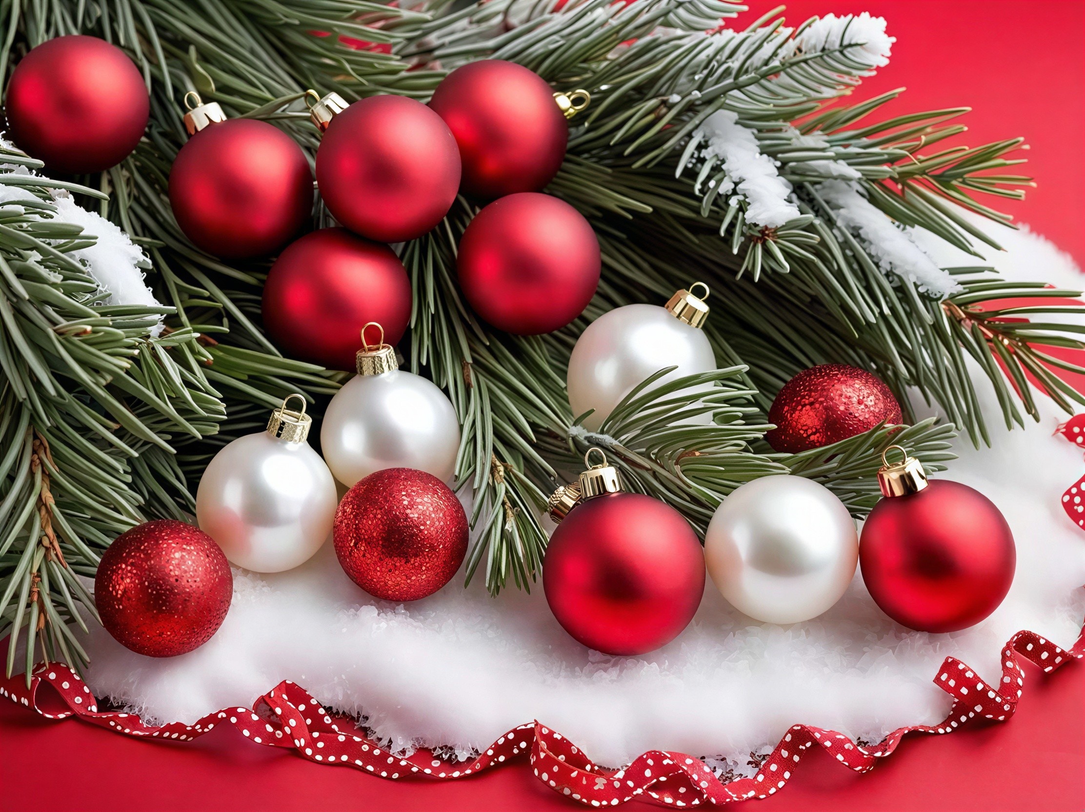 Close-up of Christmas Ornaments on Red Background