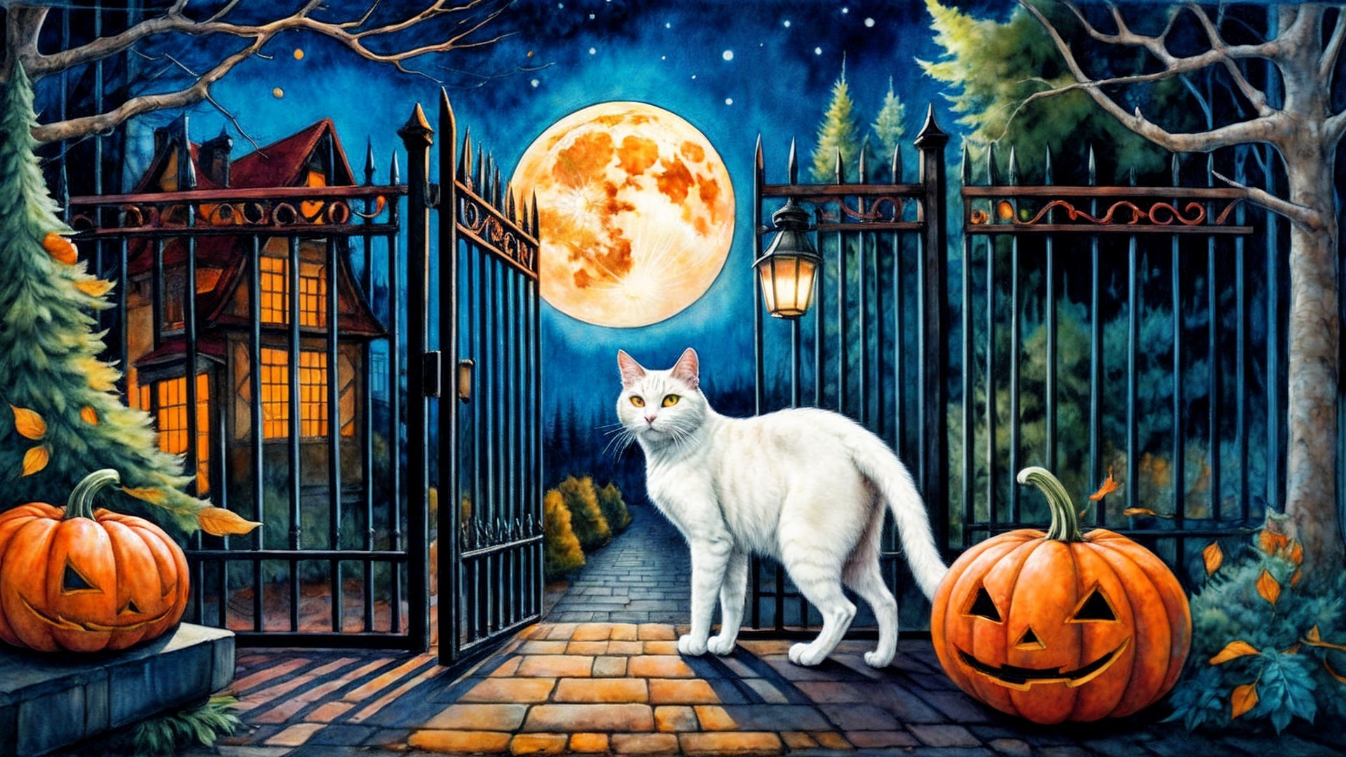 Mystical Halloween Scene with Cat and Moonlit Path