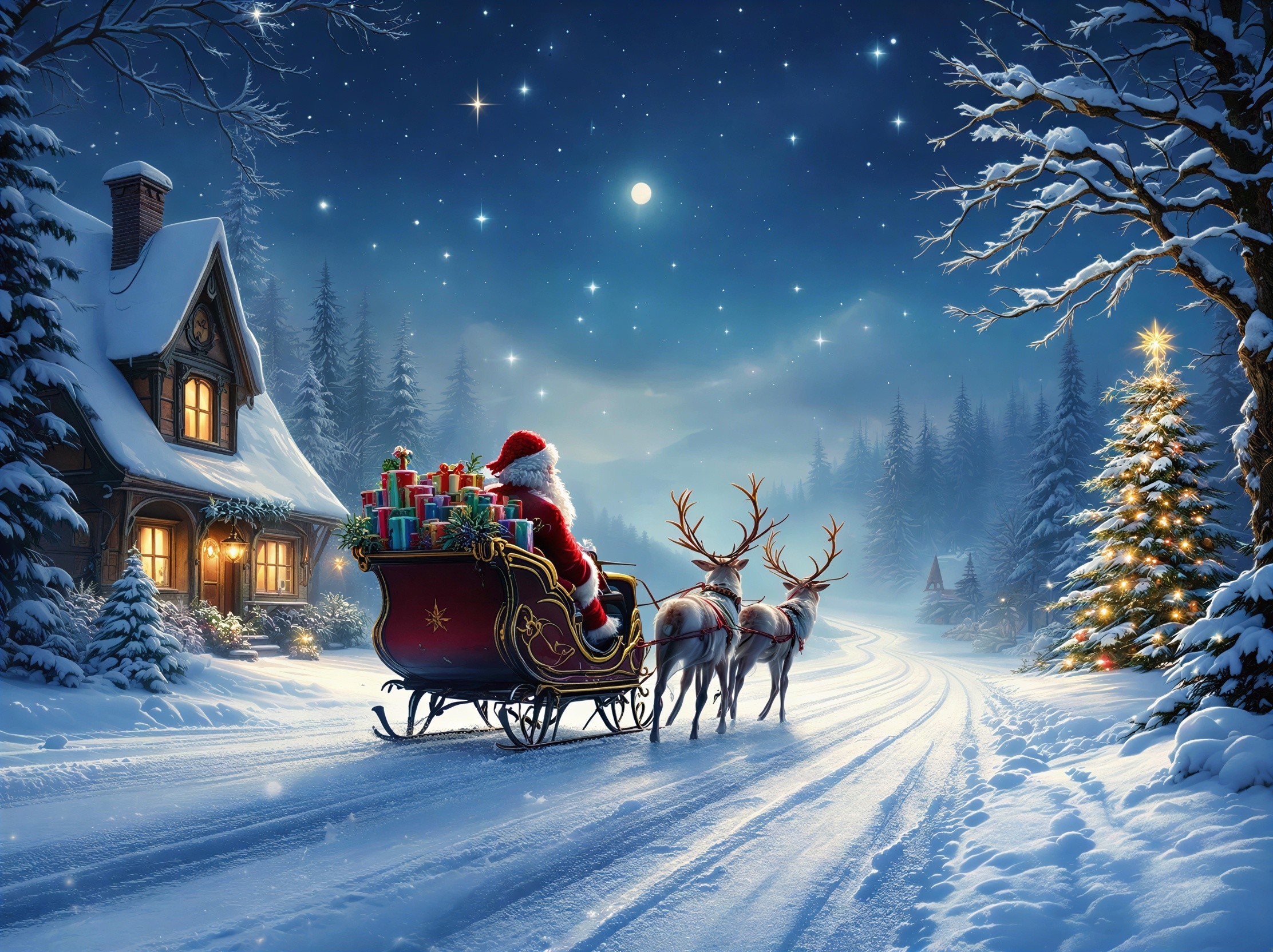Santa Claus on a sleigh surrounded by winter scenery
