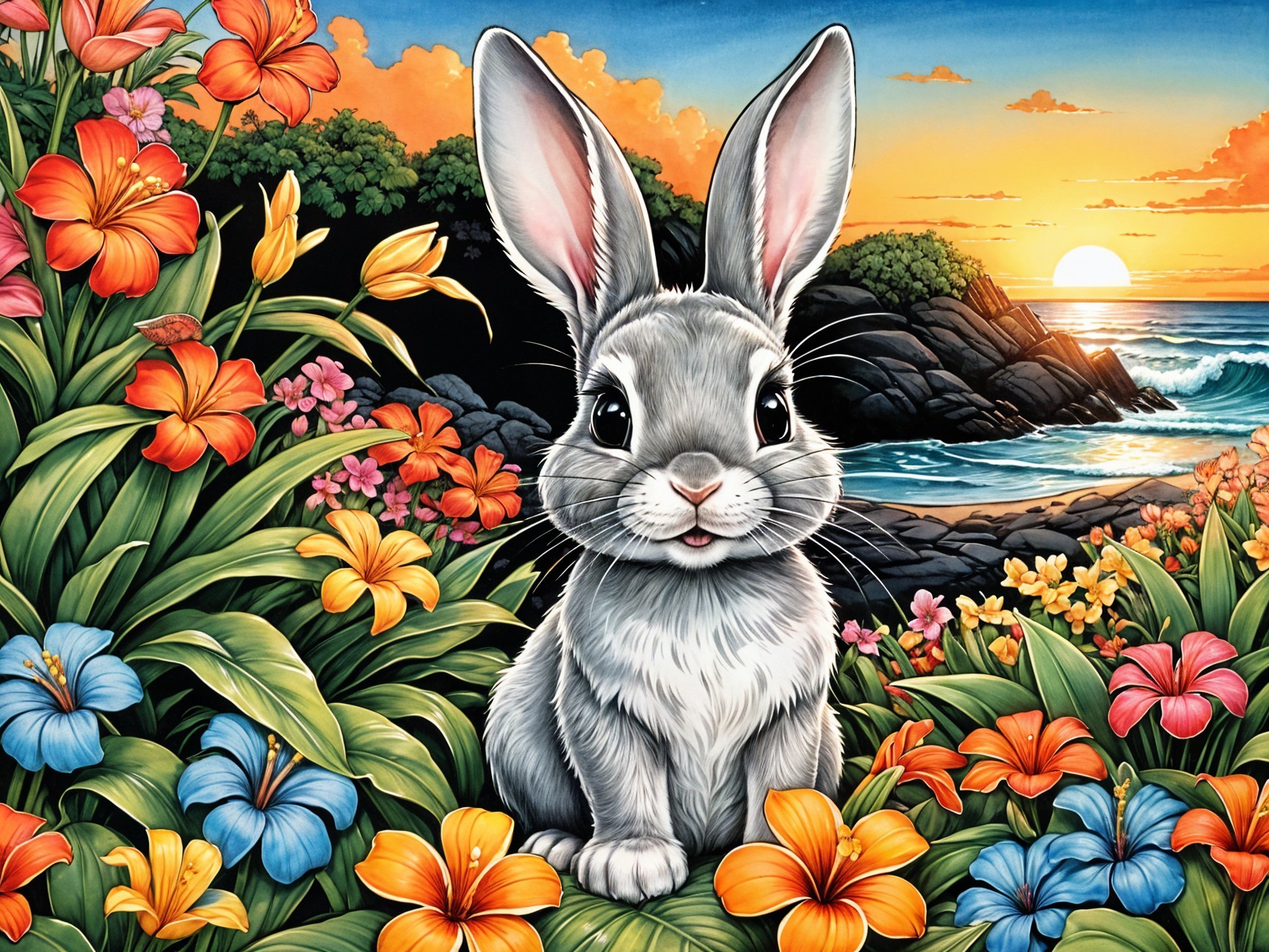 Gray Rabbit Surrounded by Colorful Flowers at Sunset